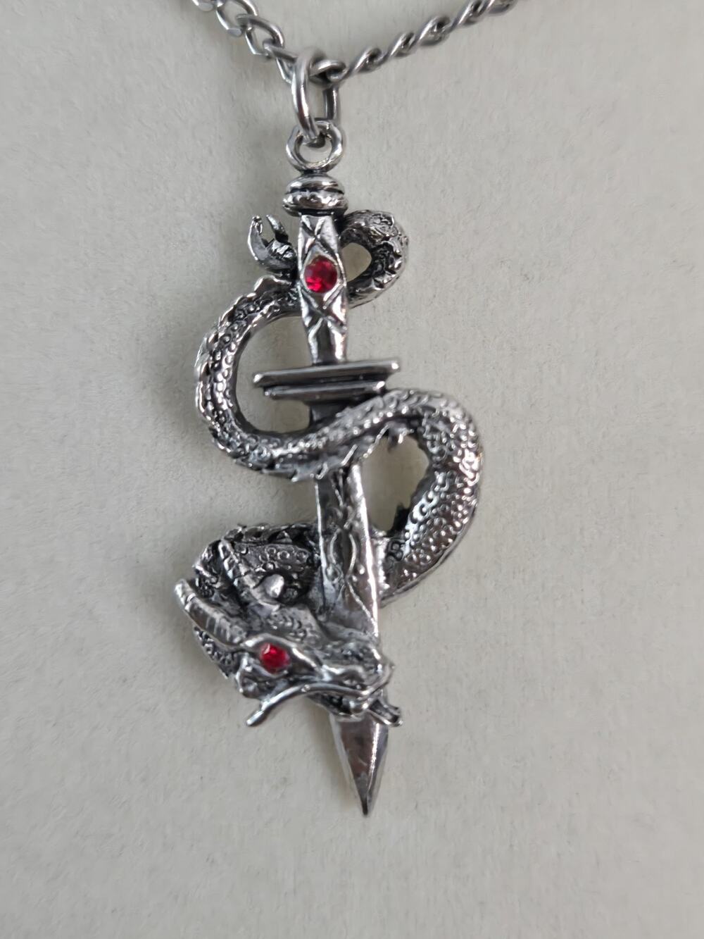 Gothic Pewter Dragon Wrapped Around Sword Pendant Necklace 19" Chain JPI 2007